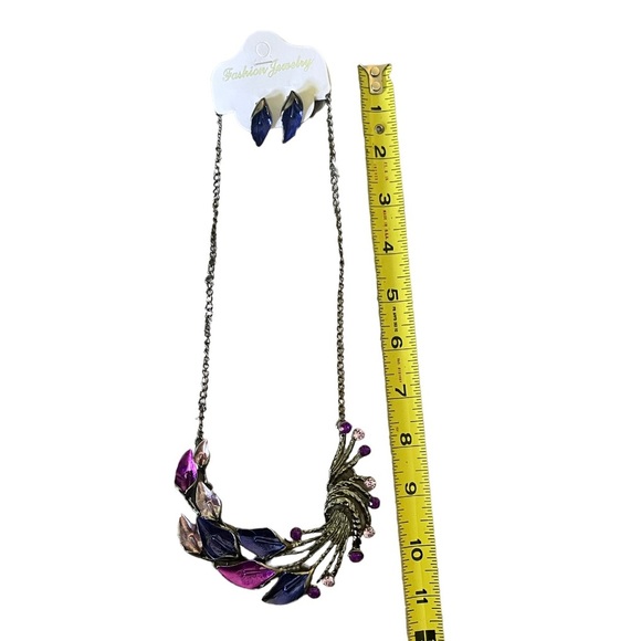 PURPLE and blue leaf necklace and earrings with silver accent NIP - Picture 3 of 4